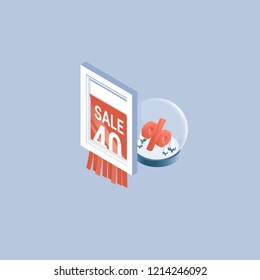 3d vector illustration with gift box, packet, bow, isometric sale design, online offer concept for ecommerce discount campaign, shopping background, landing page template,