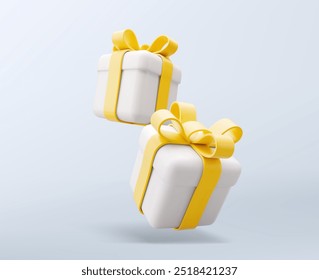 Caixa de presente de ilustração de vetor 3D. Natal, ano novo, venda, compras. Presente caixa com fitas de arcos. Giftbox para o dia dos namorados, aniversário, férias. 