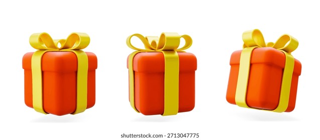 Caja de regalo de Ilustración vectorial 3D. Navidades, año nuevo, venta, compras. Presentar caja con lazos y cintas. Caja de regalo para San Valentín, cumpleaños, vacaciones. 