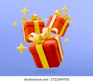 3D Vector illustration gift box. Christmas, new year, sale, shopping. Present box with bows ribbons. Giftbox for valentine, birthday, holiday. 