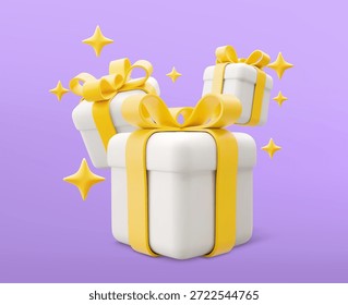 3D Vector illustration gift box. Christmas, new year, sale, shopping. Present box with bows ribbons. Giftbox for valentine, birthday, holiday.