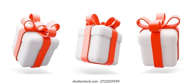 Caja de regalo de Ilustración vectorial 3D. Navidades, año nuevo, venta, compras. Presentar caja con lazos y cintas. Caja de regalo para San Valentín, cumpleaños, vacaciones. 