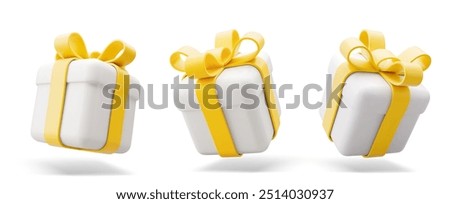 3D Vector illustration gift box. Christmas, new year, sale, shopping. Present box with bows ribbons. Giftbox for valentine, birthday, holiday. 