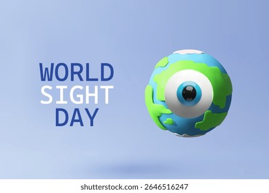 Ilustração vetorial em 3D de um globo ocular com uma íris azul no centro, simbolizando a visão e o cuidado global dos olhos. O Dia Mundial da Visão promove a conscientização para a saúde ocular e bem-estar visual.