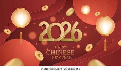 Ilustración vectorial 3D de oro 2026 número de texto con linternas colgantes y monedas. Concepto para la tarjeta de felicitación del año nuevo chino feliz. Plantilla de fondo de vacaciones festivas de lujo y premium.