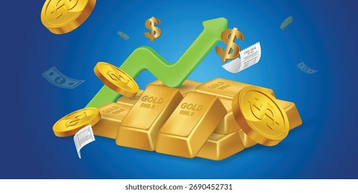 3D vector illustration of gold bars and coins with a large green upward arrow (growth chart) on a dark blue background. Concept for rising gold price, financial investment, stock market profit, and we