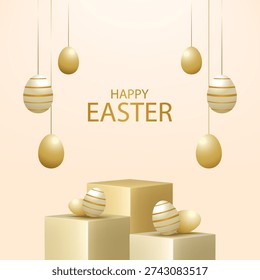3D vector illustration of gold square podium product display with hanging golden Easter eggs and text. Concept for Happy Easter holiday celebration and luxury sale promotion banner background template