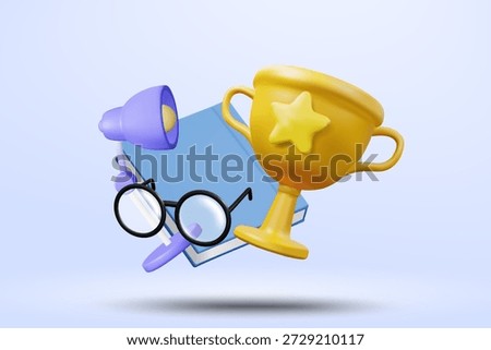 3D vector illustration of gold trophy cup with blue book, glasses and desk lamp. Concept for education success achievement and student study award. Winner background template.