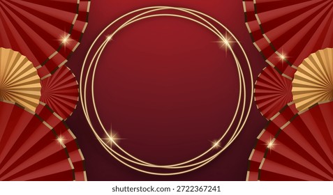 3D-Vektorgrafik des goldenen Kreisrahmens mit roten Papierlüftern und Funkeln. Konzept für chinesischen Neujahrsgrußhintergrund. Luxus und Premium festliches Design Banner Vorlage.