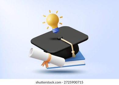 Ilustración vectorial 3D de la tapa de graduación en el libro con diploma y bombilla. Concepto para el éxito de la educación académica y la idea de aprendizaje creativo. Plantilla de antecedentes de logros estudiantiles.