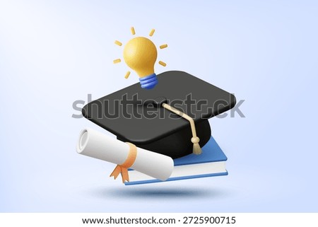 3D vector illustration of graduation cap on book with diploma and light bulb. Concept for academic education success and creative learning idea. Student achievement background template.