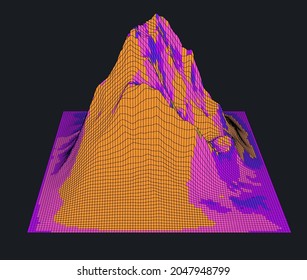 Ilustración vectorial 3D de un gráfico en colores neones. Marco de cables brillante y distorsionado sobre fondo oscuro.