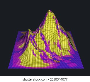 3D vector illustration of a graph in neon colors. Glitched and distorted wireframe on dark background.