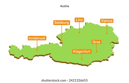 3D-Vektorgrafik-Grünfarbenkarte Österreichs mit den größten Städten angezeigt
