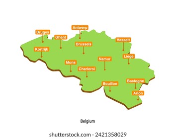 3d ilustración vectorial gráfico color verde mapa geográfico de Bélgica con las ciudades más grandes mostradas