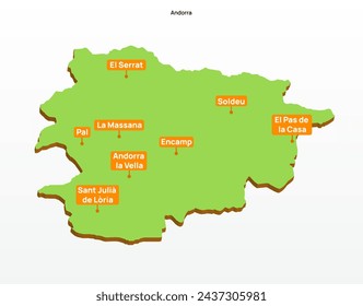 3d vector illustration graphic green color geographical map of Andorra with largest cities shown