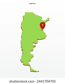 3d vector illustration graphic green color geographical map of Argentina with red pointer icon on capitol