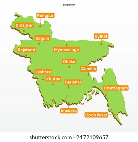 3d vector illustration graphic green color geographical map of Bangladesh with largest cities shown