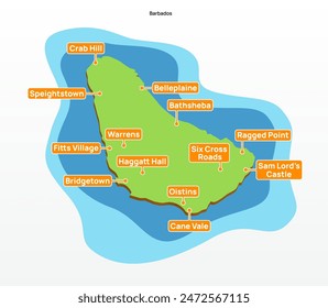 Mapa geográfico en color verde de la Ilustración vectorial 3d de Barbados con los lugares más Grandes mostrados