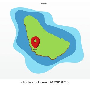 Mapa geográfico en color verde de la Ilustración vectorial 3d de Barbados con punto en Capitol