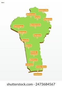 Mapa geográfico en color verde de la Ilustración vectorial 3d de Benín con los lugares