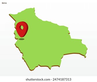 3d vector illustration graphic green color geographical map of Bolivia with red pointer icon on capitol