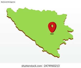 3d vector illustration graphic green color geographical map of Bosnia and Herzegovina with pointer arrow on the Sarajevo