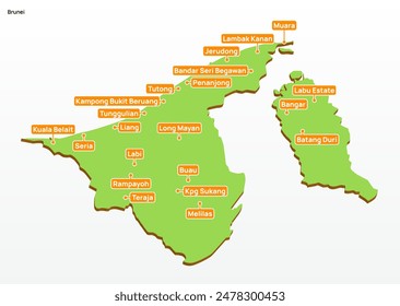 3d vector illustration graphic green color geographical map of Brunei Darussalam with largest cities shown