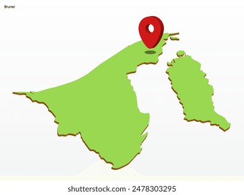Mapa geográfico en color verde de la Ilustración vectorial 3d de Brunei Darussalam con punto en el Capitolio