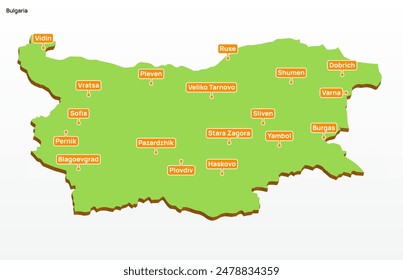 3d vector illustration graphic green color geographical map of Bulgaria with largest cities shown