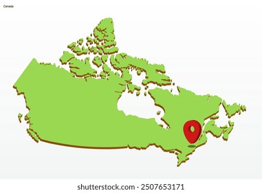 3d vector illustration graphic green color geographical map of Canada with red pointer icon on capitol