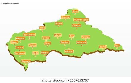 3d vector illustration graphic green color geographical map of Central African Republic with largest cities shown