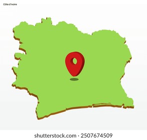 3d vector illustration graphic green color touristic map of Ivory Coast with places