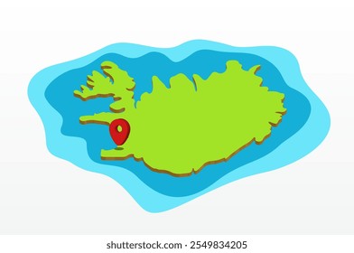 3d vector illustration graphic green color geographical map of Iceland with pointer on Reykjavík