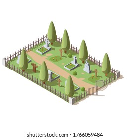 3d vector illustration of graveyard with wooden crosses and granite tombstones, isolated on white background. Isometric rows of gravestones in cemetery. Old burial place of the dead, eternal peace.