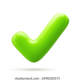 3D Vector illustration of a green check mark on a white background. This icon is used to indicate approval, correctness, or completion in various digital interfaces and applications. 