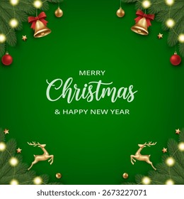 Ilustração vetorial 3D de um fundo de Natal verde decorado com veados dourados, sinos, bolas e luzes de fadas com o texto Feliz Natal para cartões de saudação, cartazes, banners e publicidade festiva