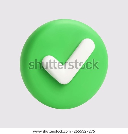 3D vector illustration of a green circular button with a white check mark, representing approval, confirmation, success, or verification.
