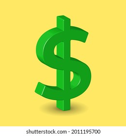 3D Vector illustration of green dollar sign isolated in yellow color background. American currency symbol.