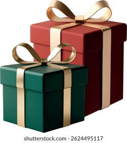3D vector illustration of a green gift box with a golden bow for Christmas isolated on a white background. A Christmas gift. The texture of gold. For banner design, social media, and wallpaper