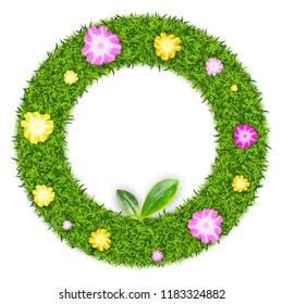 3d Vector Illustration of Green Grass Circle Background with Flowers. Eco Frame or Border with Place for Text