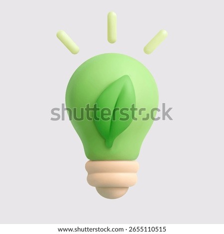 3D vector illustration of a green light bulb with a leaf symbol, representing eco business ideas, energy conservation, carbon credit trading, and climate action.