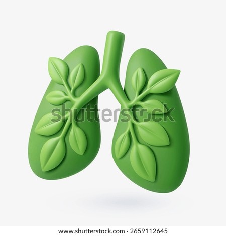 3D vector illustration of green lungs formed with leaves, symbolizing clean air, respiratory health, reforestation, and the connection between nature and human well-being.