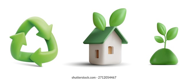 Ilustración vectorial 3D de la casa ecológica del símbolo del reciclaje verde con hojas y brotes de plantas jóvenes aislados sobre fondo blanco que representan la ecología de la sostenibilidad y el concepto de energía renovable