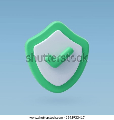 3D vector illustration of a green shield with a check mark, representing protection, security, verification, and trust.