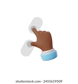 3D vector illustration of a hand with dark skin and cuff performing a two-finger motion, ideal for touch control interfaces. Side view emoticon gesture on isolated background.
