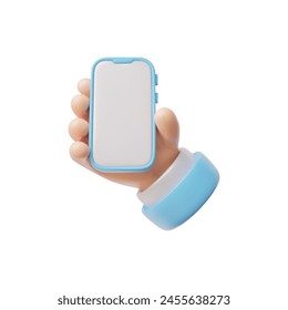 3D vector illustration of a hand holding a smartphone with a blank screen, ideal for mockup designs, with a blue protective case.