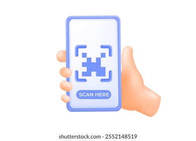 3d vector illustration of a hand holding a smartphone with a QR code scanner and 'Scan Here' text. promoting digital payments, app downloads, or QR code scanning solutions