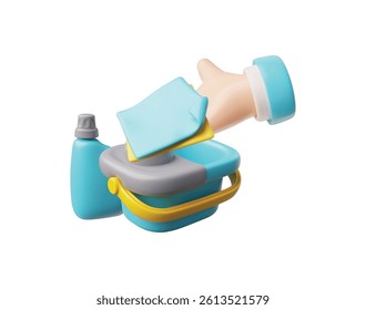 3d Vector illustration of hand holding rag with bucket and bottle of detergent. Inventory. Hygiene and professional cleaning service concept. Cartoon style. Isolated background.