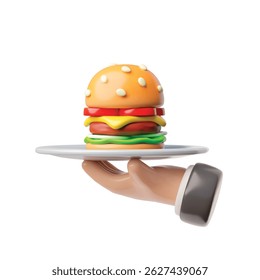 Ilustração vetorial 3D da placa de apoio da mão com hambúrguer. Garçom servindo fast food. Lanche. Comida de lixo. Fast food. Estilo de desenho animado. Plano de fundo isolado. Ícone.